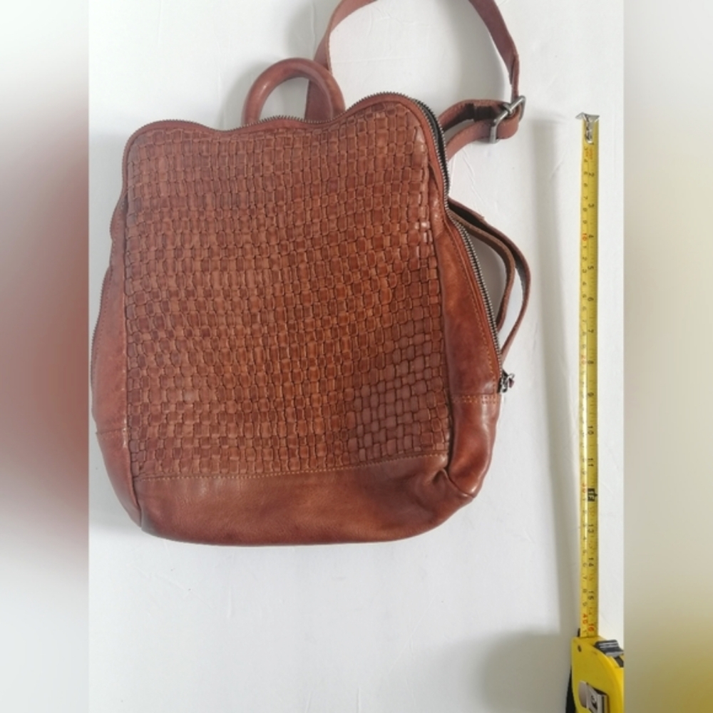 VILENCA HOLLAND Made In Italy Leather Woven Backpack Cognac
